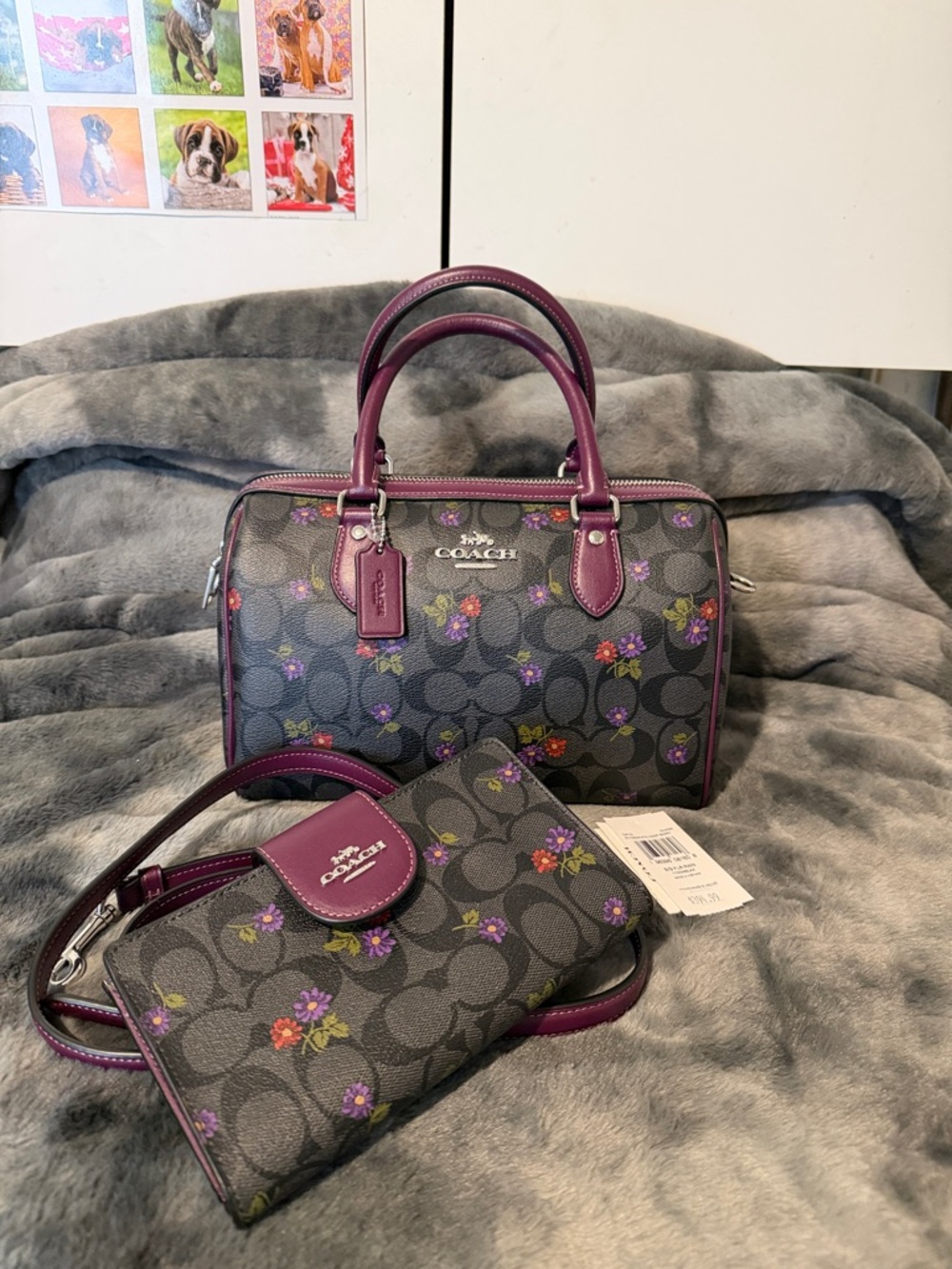 Coach Plum and Gray Floral Signature Barrel Satchel with Wristlet